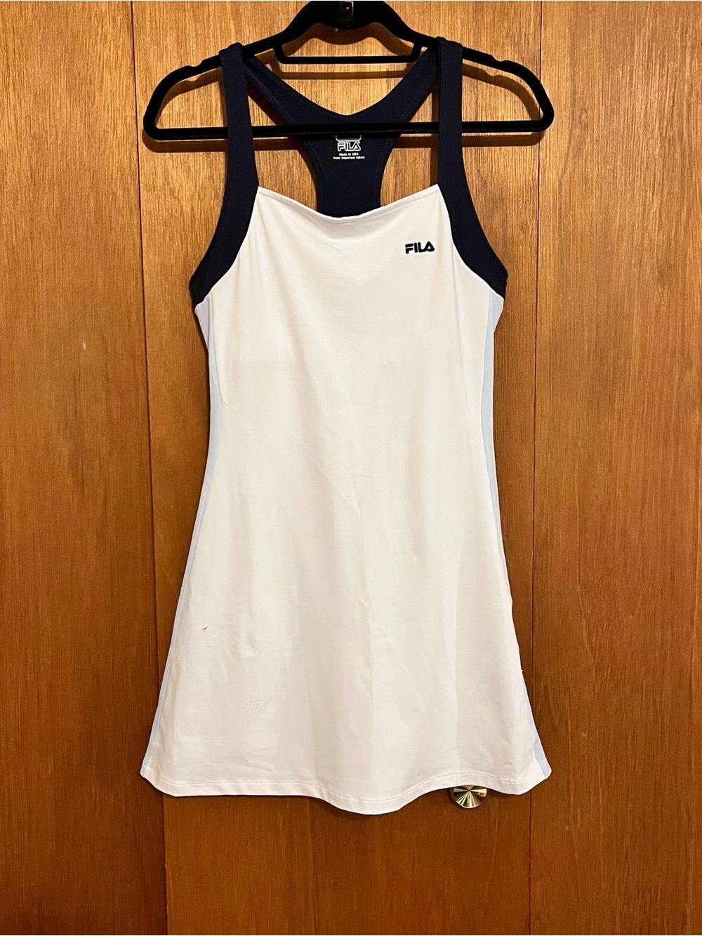 Fila White Tennis Dress with Navy and Light Blue Trim Racerback